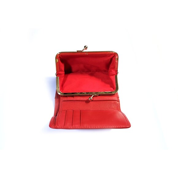 Dooney & Bourke Red Leather Tri Fold Organizer Wallet Kisslock Coin Purse - Picture 3 of 6